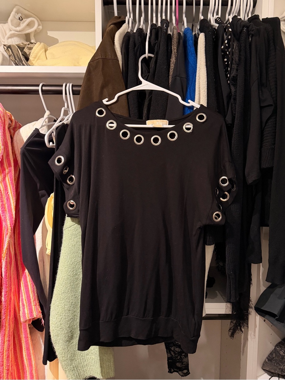 Michael Kors Black Short Sleeve Top with Silver Grommets